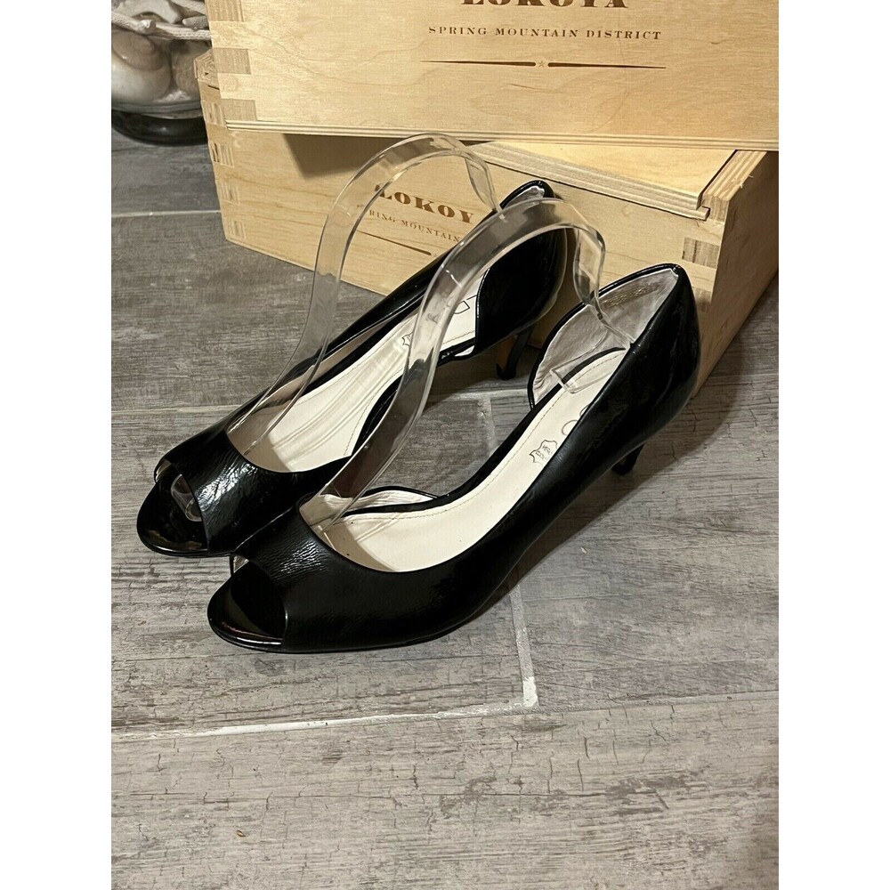 ALDO Black Patent Leather Open Peep Toe Kitten Heel Classic Pumps Sandals 38 7.5